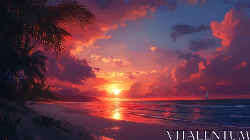 Sunset illuminates tropical shoreline with diffuse cloud cover