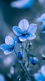 Delicate blue flowers glistening with dewdrops.