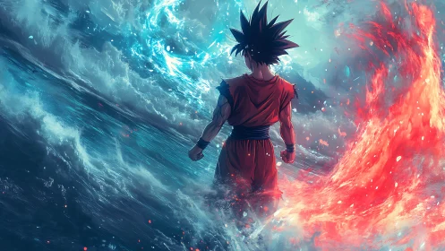 Character stands between stylized opposing water and fire forces