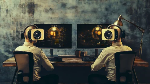 Two VR headset users work at dual monitors in dim studio