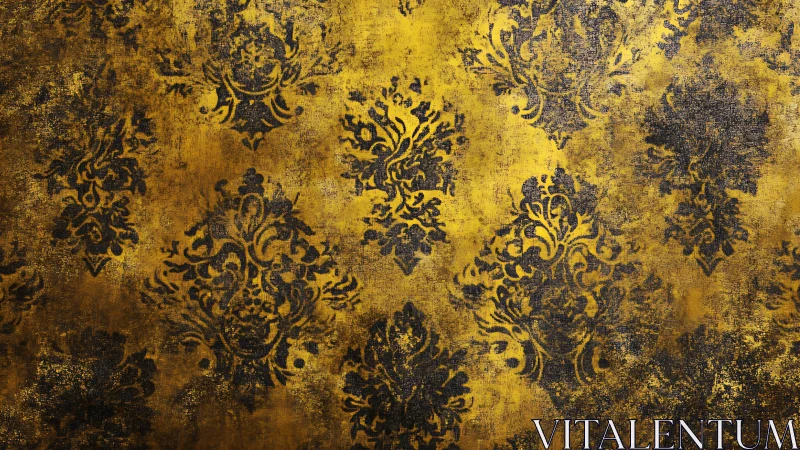 Aged damask wall pattern exhibits distressed metallic gold texture