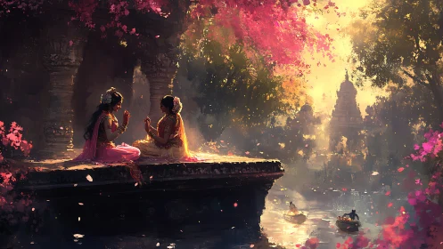 Temple riverside glows as two women share a quiet prayer.