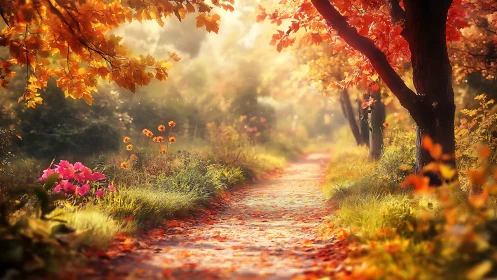 Autumn Forest Pathway With Golden Sunlight and Flowering Landscape.