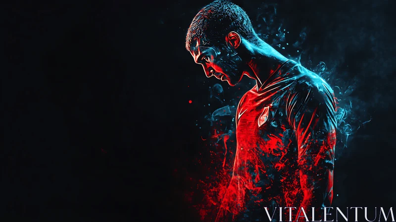 Brooding soccer player glowing in red and blue energy.