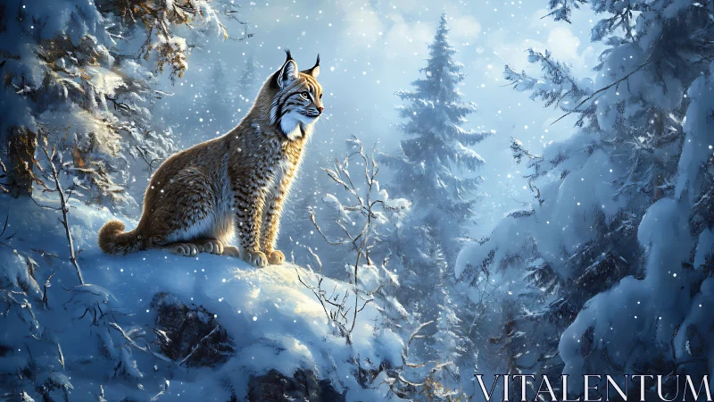 Lynx positioned on snowy ground within coniferous forest landscape.