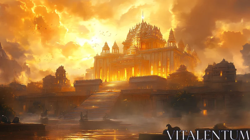 Sun-forged temple citadel rising above a molten gold dawn.