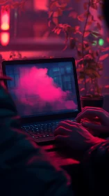 Neon laptop workspace glows in moody cyberpunk lighting.