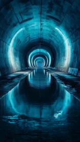 Futuristic blue tunnel reflects neon rings in still water