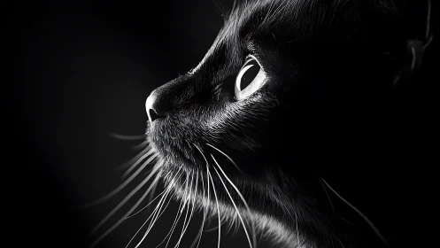 Feline Gaze: Black Cat Portrait in Dramatic Monochrome Light