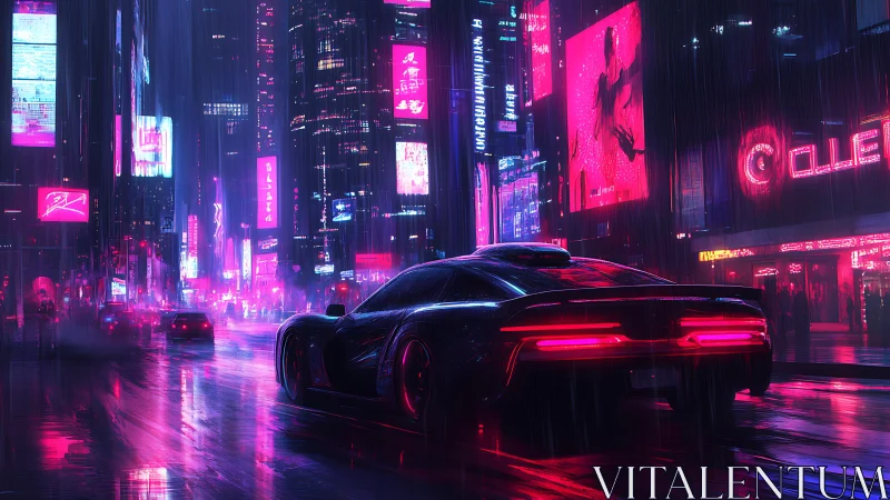 Neon soaked future city street glowing around a sleek car.
