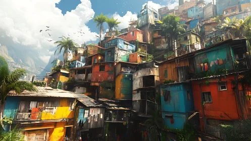 Colorful hillside homes glowing under bright tropical skies.