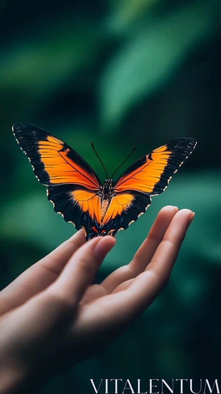 Orange and black butterfly resting on gentle human hand.