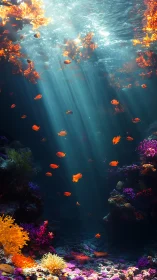 Sunlit coral canyon hosts vibrant orange reef fish.