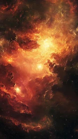 Turbulent orange nebula with dense swirling gas clouds.