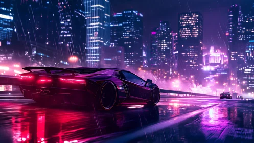 Futuristic sports car on rainy neon city highway at night.