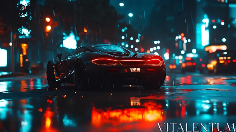 Cyberpunk supercar in neon-soaked nocturnal streetscape.