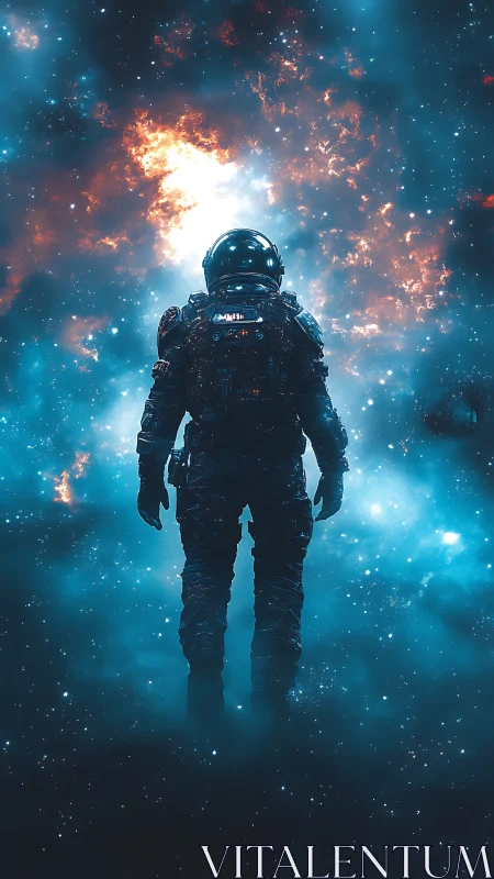 Solitary astronaut drifts toward a glowing cosmic gateway