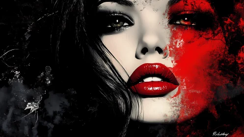 Red-lipped midnight muse in bold shadow and flame.