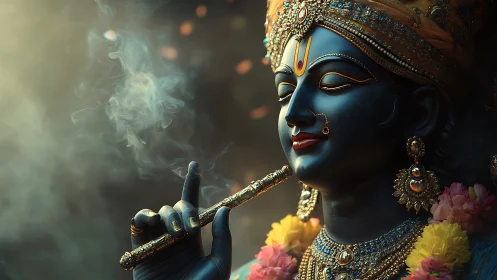 Divine blue-hued deity portrait rendered in luminous 3D realism