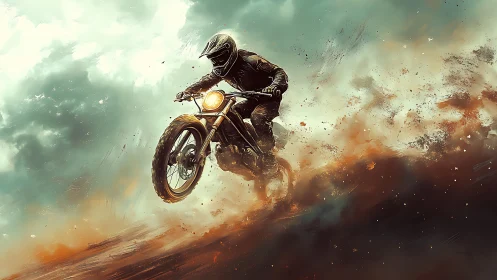 Motorcyclist jumps through swirling dust under storm clouds