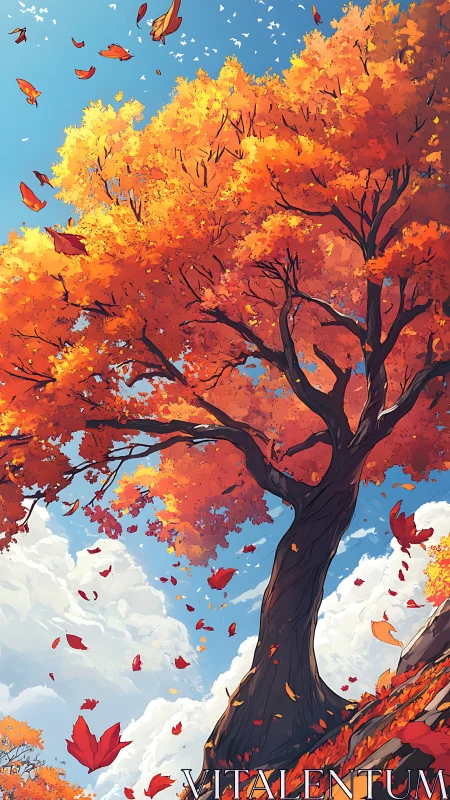 Tall deciduous tree shows orange foliage and falling leaves