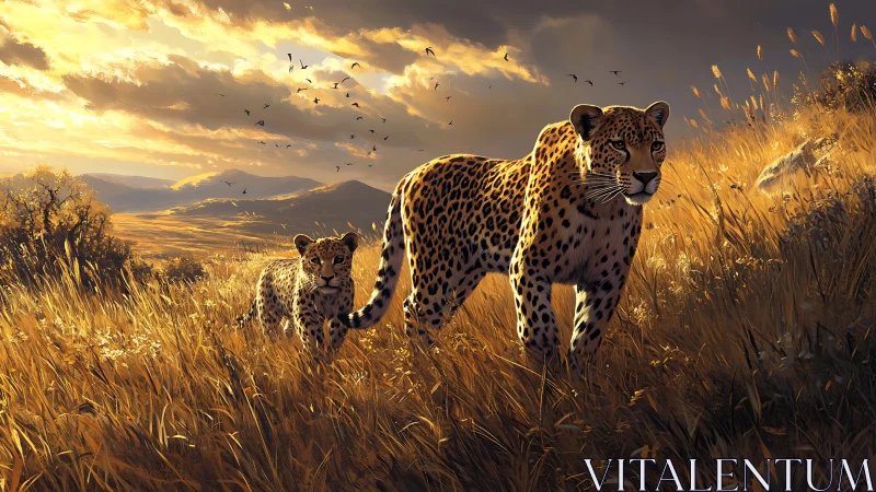 Leopard Mother and Cub in Golden Savanna Light.