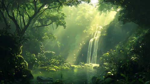 Enchanted Waterfall in Misty Green Forest.