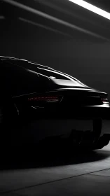 Rear quarter of black sports car lit by overhead strip light