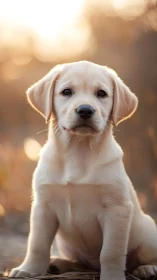 Backlit golden-hour portrait of cream-coated puppy subject.