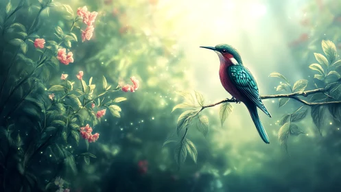 Colorful bird on branch in soft forest light digital art.
