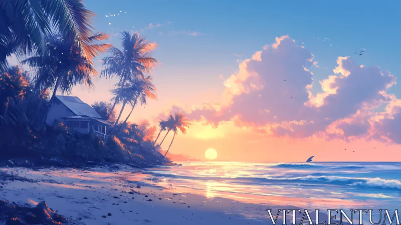 Seaside sunrise glows over palm trees and a quiet beach cabin