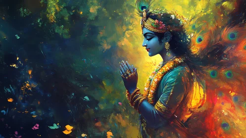 Serene blue goddess in prayer amid glowing peacock colors.