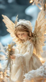 Snowlit angel figurine in golden winter radiance.