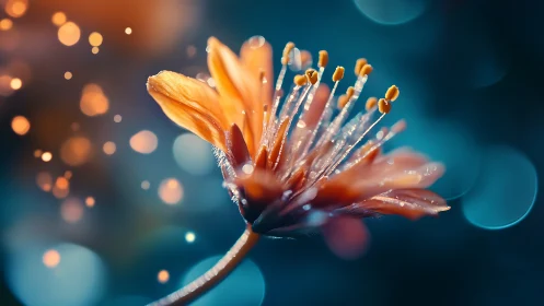 Macro flower closeup with glowing bokeh lights background.