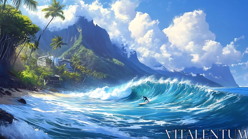 Surfer carving a turquoise barrel before lush volcanic cliffs