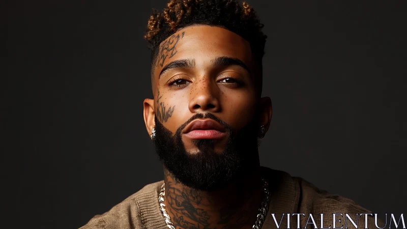 Studio portrait of tattooed man with beard under soft key light
