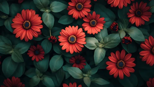 Scarlet daisies with teal foliage under soft diffused lighting