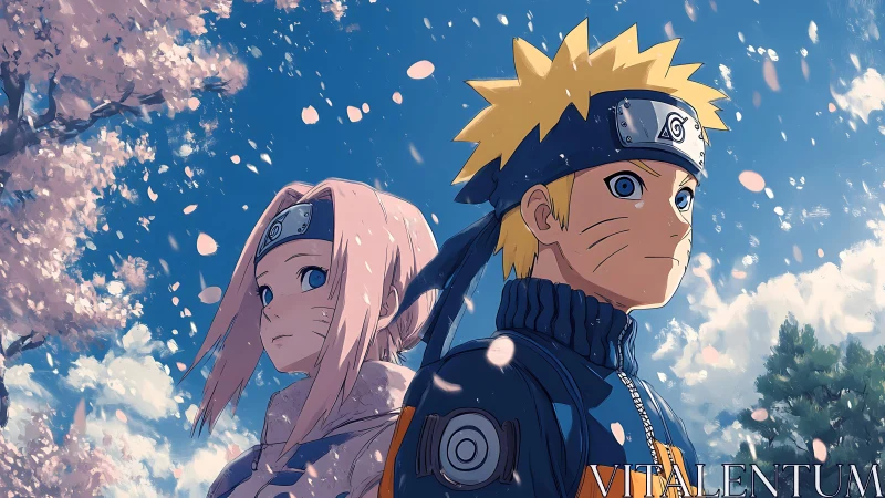 Dual ninja portraits under drifting spring sakura petals