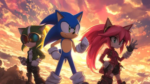 Tri-heroic Sonic-style silhouettes under volumetric sunset sky.