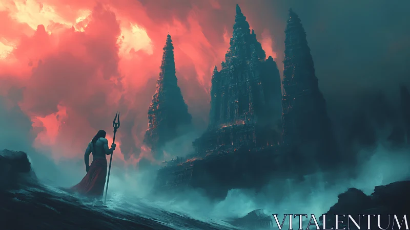 Stormlit warrior before towering temple spires at dusk.