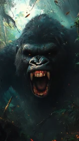 Roaring gorilla lunges forward in dense jungle scene.