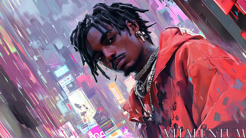 City lights frame a confident man in bold red style