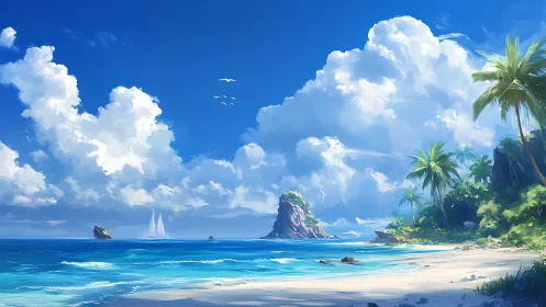 Tropical Paradise: Sailboat Beyond Lush Palms and White Sand Beach.
