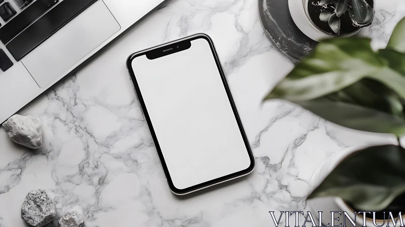 Smartphone with blank screen on marble desktop workspace.