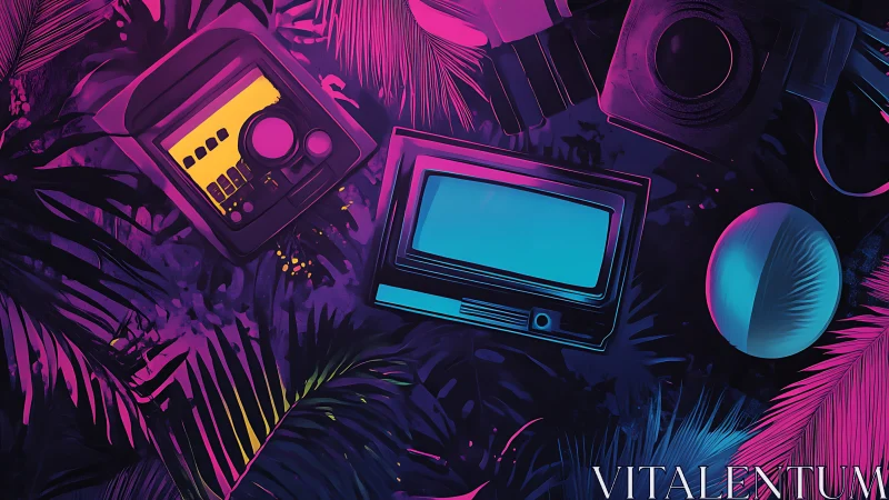 Neon jungle electronics with retro CRT centerpiece composition.