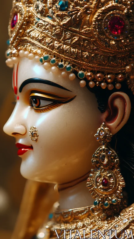 Profile view of ornate sculpted deity head with jewelry.