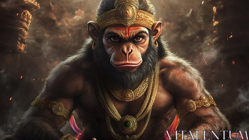 Regal monkey warrior seated in glowing jeweled armor.
