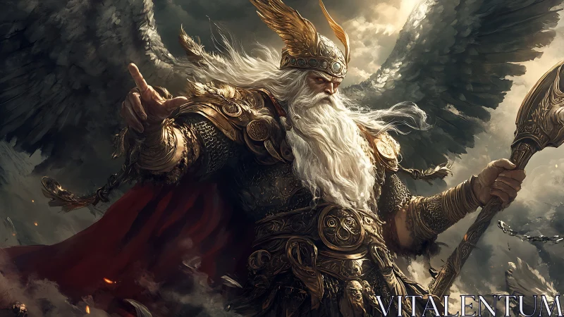 Winged warlord in ornate golden armor commanding storms.