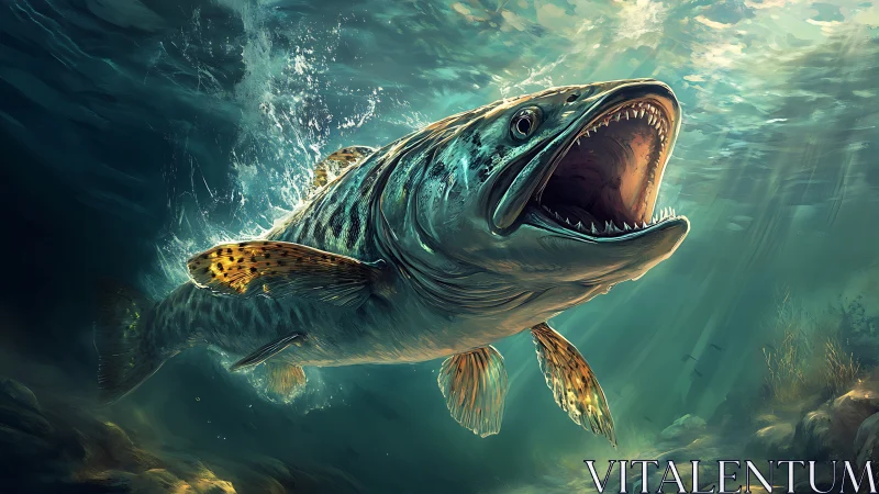 Predatory freshwater fish surges upward through teal currents.