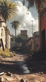 Tropical war-torn alleyway with armored vehicle and debris.